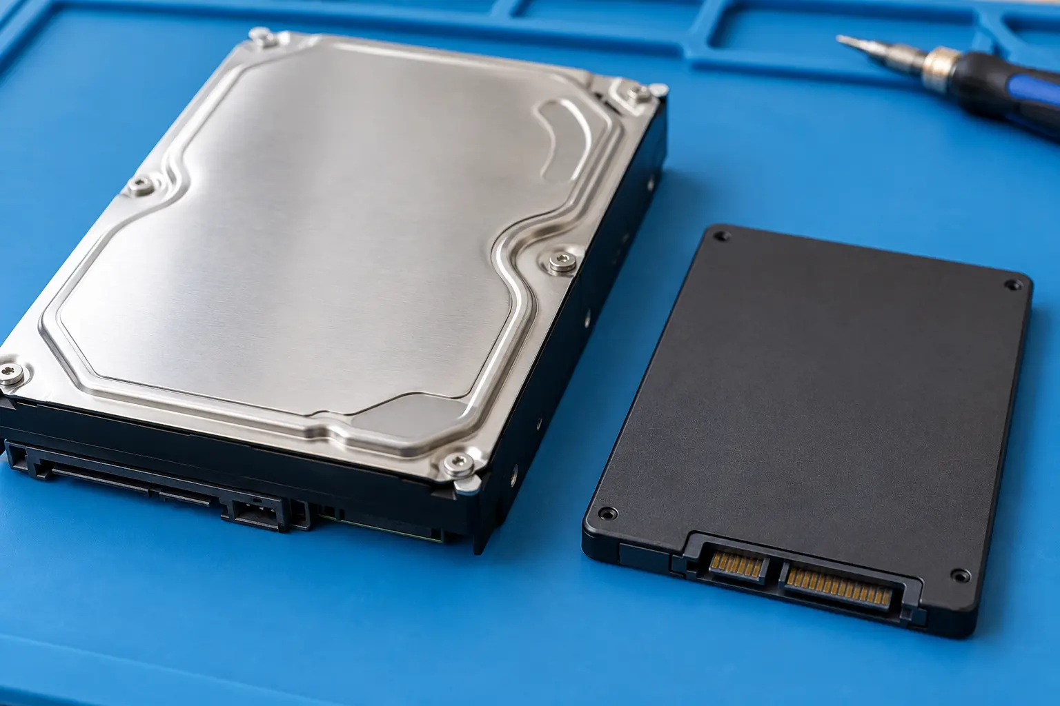 Illustrative photograph of a hard disk drive and solid-state drive