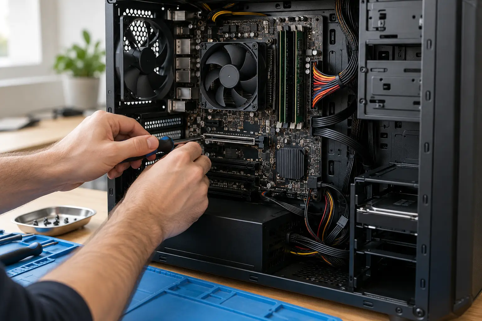 Illustrative image of a technician working inside a desktop PC