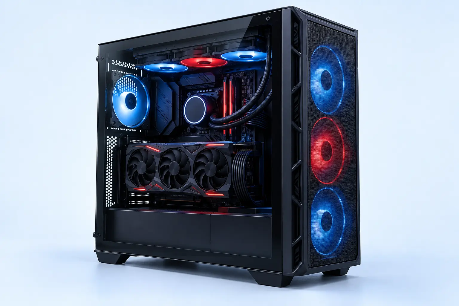 Illustrative gaming PC with a glass side panel, tidy components and red and blue lighting