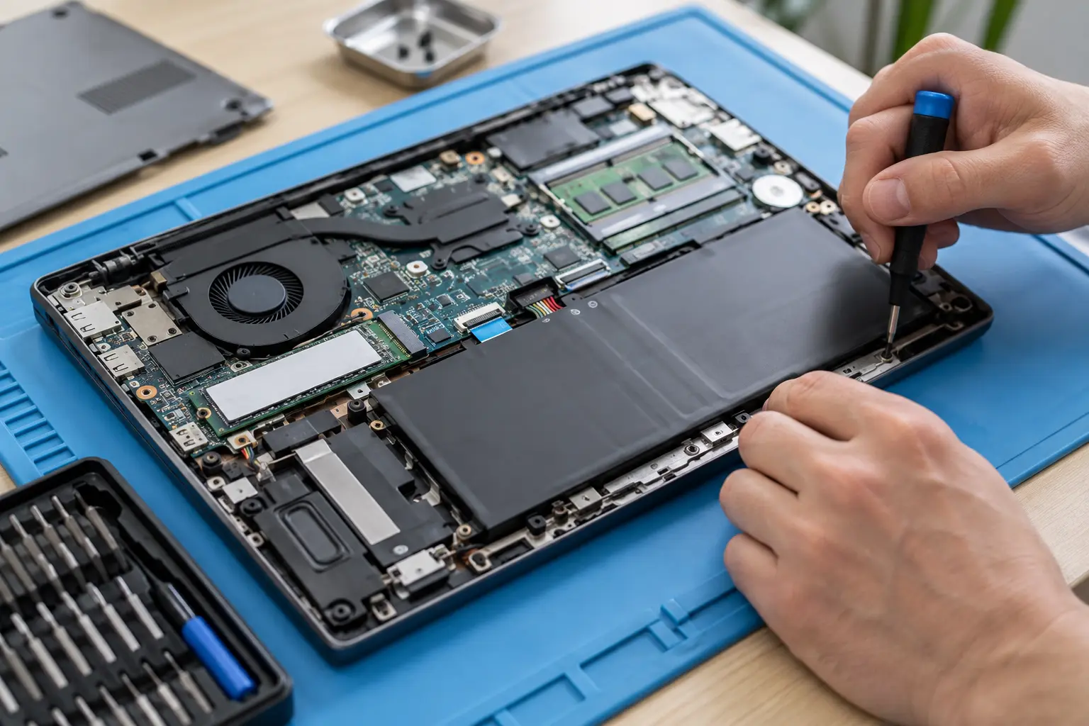 Illustrative image of a technician working on an opened laptop