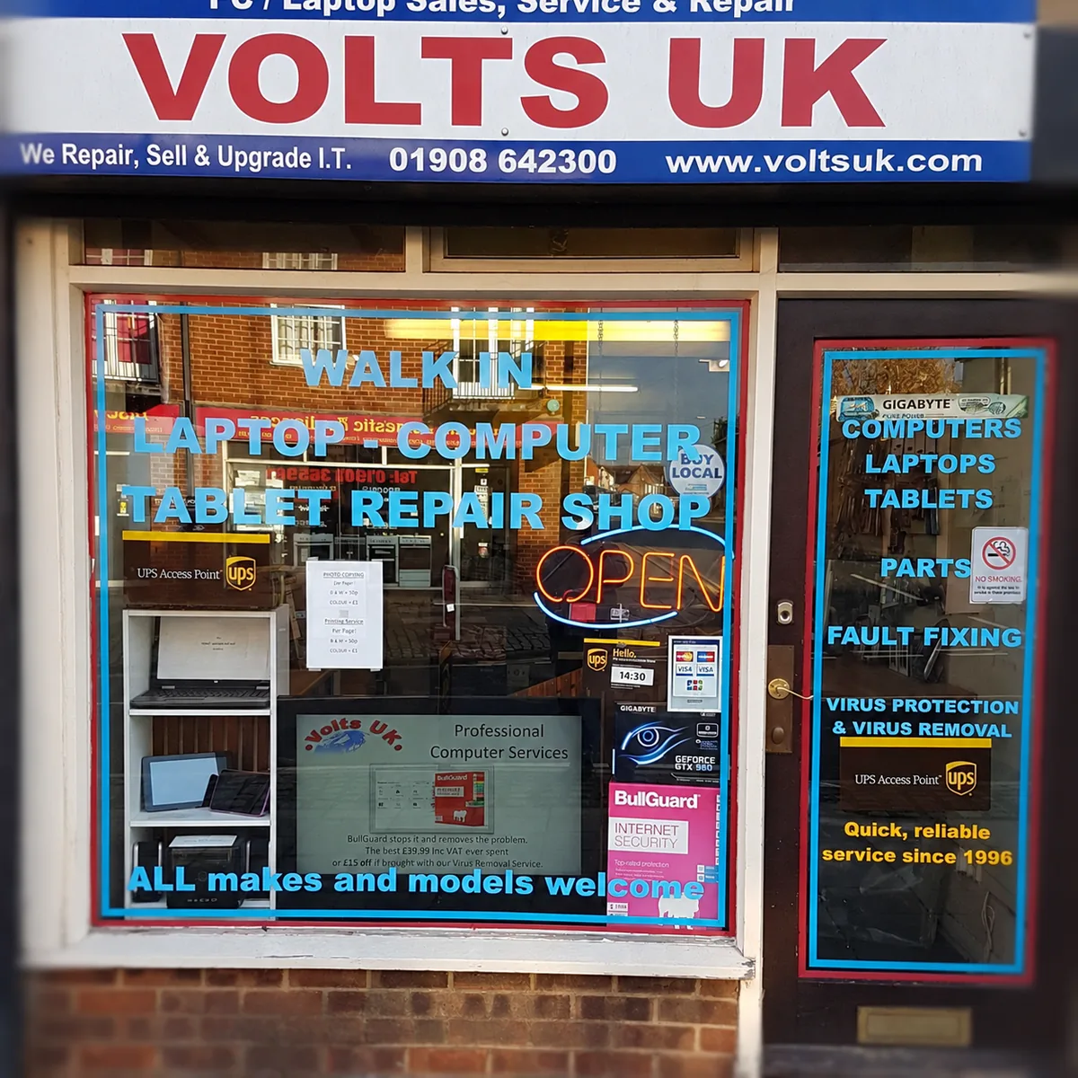 Volts UK shopfront with its red and blue sign at 62 Aylesbury Street, Fenny Stratford
